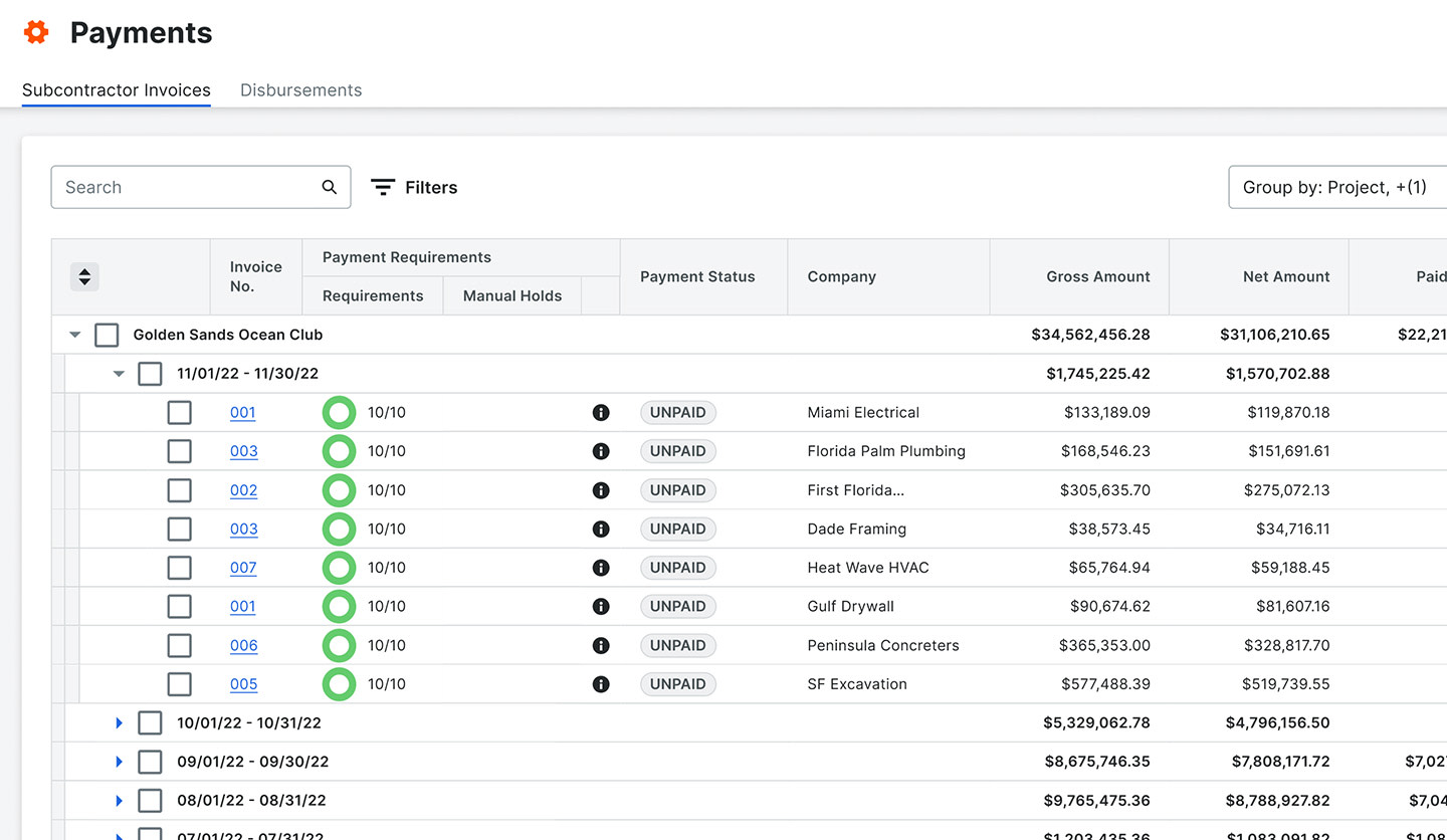 Procore Payments screen