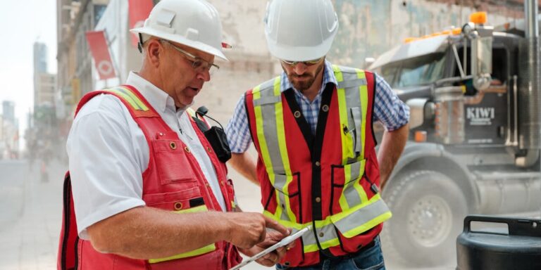 Two men on a construction jobsite wearing safety gear review data on a tablet.