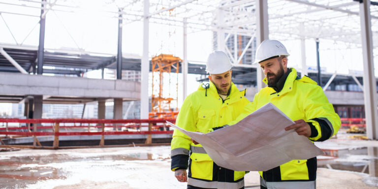 Two engineers in high visibility coats look at construction drawings.