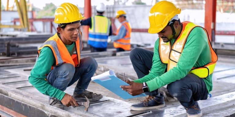 2 contractors wearing PPE at construction site surveying amount of concrete needed for concrete pour